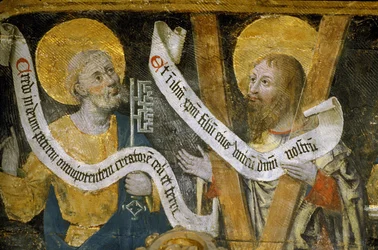 Frankreich - Somme - Département 80 - Amiens - Innenraum der Kathedrale - kleine Vierzeiler in altem Französisch, Untertitel - „Das Martyrium des Heiligen Firmin“ - Heiliger Petrus und Heiliger Andreas